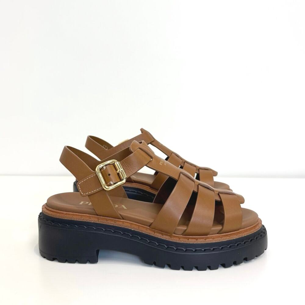 PRADA Brown Leather Fisherman Logo Platform Sandals 37.5 NEW Gold Buckle Shoes